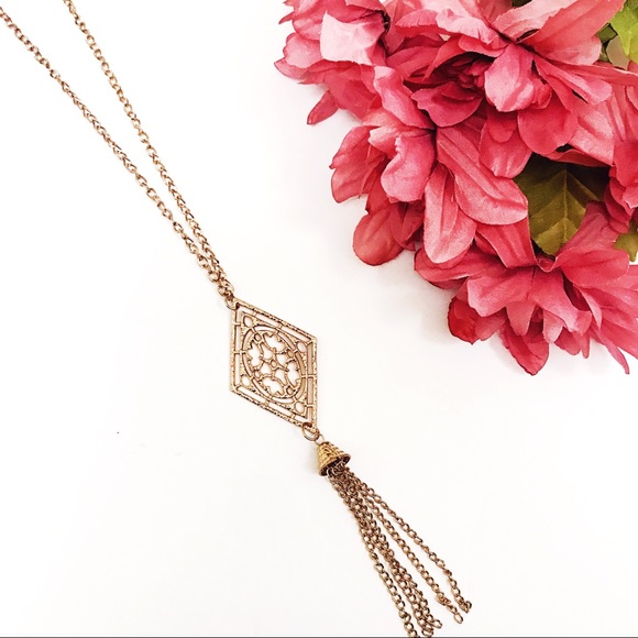 PoseyRose Jewelry - • Gold Filigree Diamond Tassel Long Necklace •